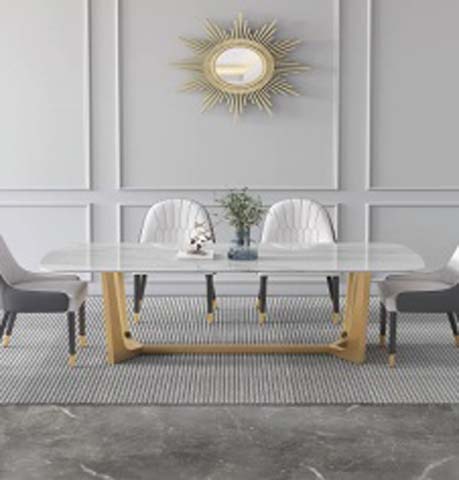 Modern Light Luxury Rectangular Glossy Stone Dining Table with Gold Trestle Base