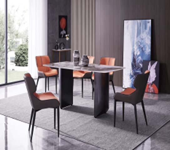 Modern 6-Seater Polished Sintered Stone Rectangular Dining Table with Dual Black Pedestal Bases