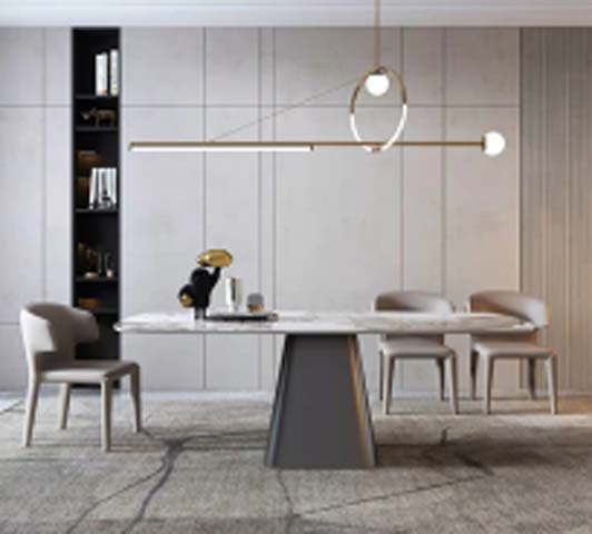 Modern Light Stone Rectangular Dining Table with Single Central Trapezoidal Pedestal Base