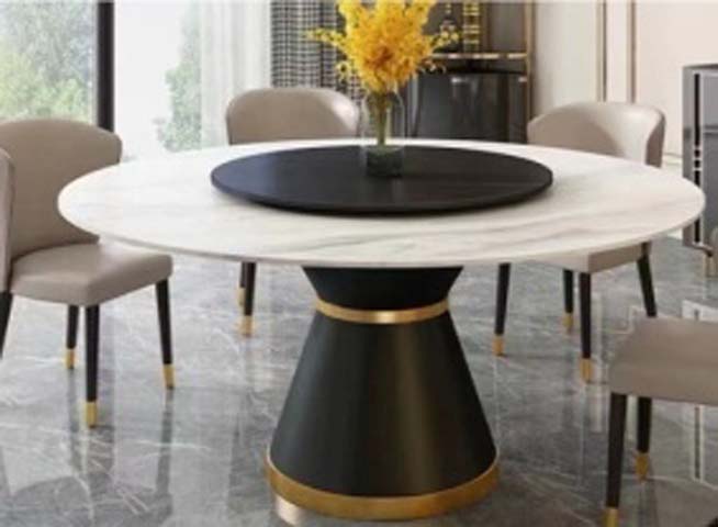 Modern Light Luxury 6-Seater Round Pedestal Dining Table with Central Rotating Lazy Susan