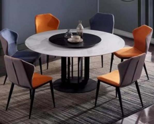 Round Dining Set with Rotating Center Tray and 6 Upholstered Chairs