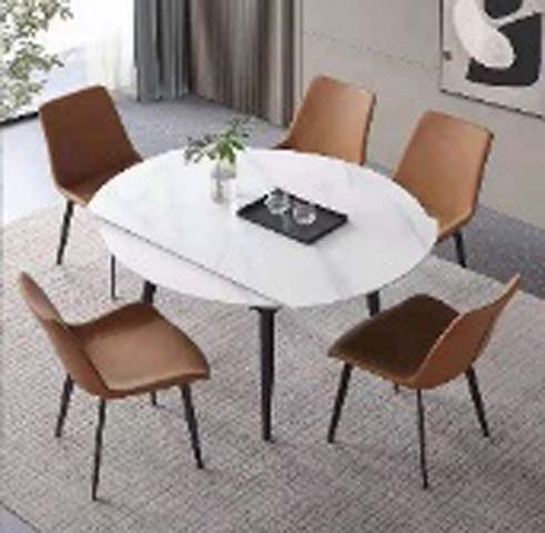 Modern Round White Dining Table with Slender Black Metal Legs