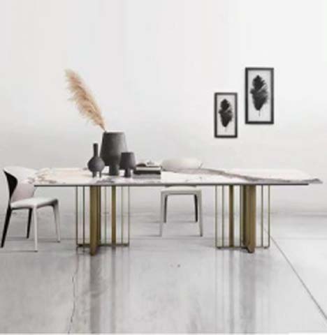 Minimalist Rectangular Marble Top Dining Table With Brushed Brass Vertical Slat Legs