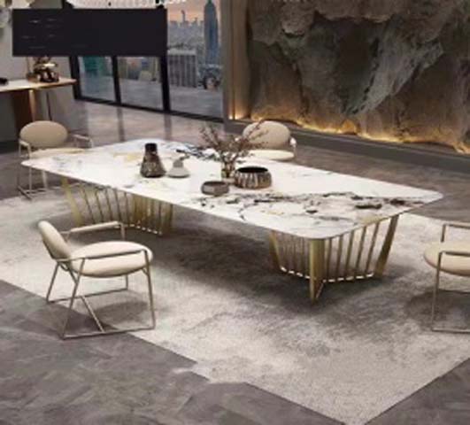 Luxury Rectangular Veined White Stone Dining Table with Gold Open Slat Pedestal Bases