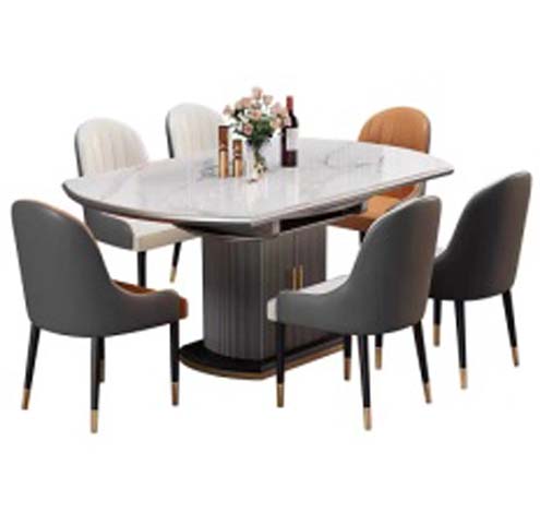 6-Seater Light Luxury Extendable Marble-Pattern Pedestal Dining Table Set