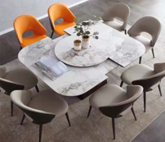 8-Seater Extendable Rounded-Rectangle Sintered Stone Dining Table with Central Lazy Susan and Dark Plinth Base