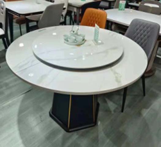 Glossy White Veined Round Dining Table With Central Manual Lazy Susan, Navy Hexagonal Pedestal Base With Gold Trim