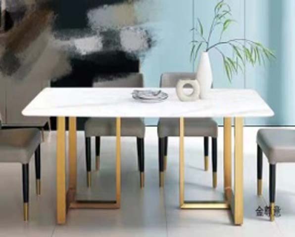 Contemporary Rectangular White Dining Table with Gold Double U-Frame Legs