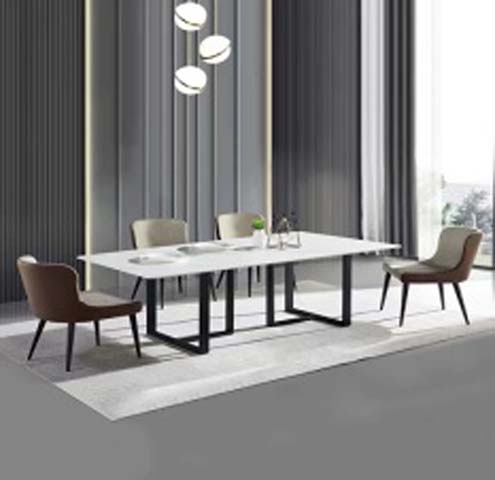 Modern Rectangular 6-Seat Dining Table with White Tabletop and Dual Black U-Shaped Metal Sled Bases