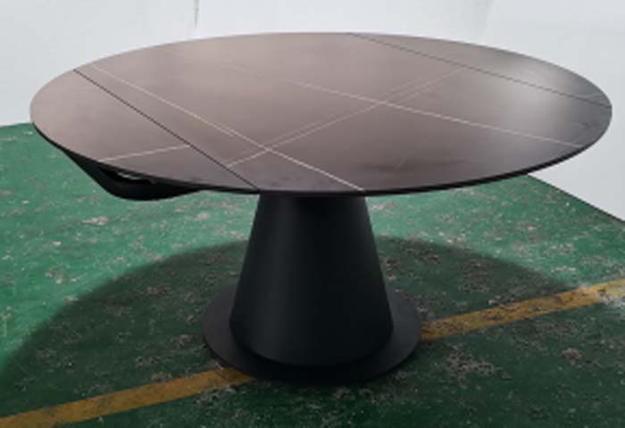 Modern Round Geometric Inlaid Dining Table with Matte Black Conical Pedestal Base