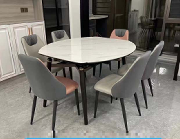 7-Piece Round Extendable Dining Set with Sintered Stone Table and Upholstered Chairs