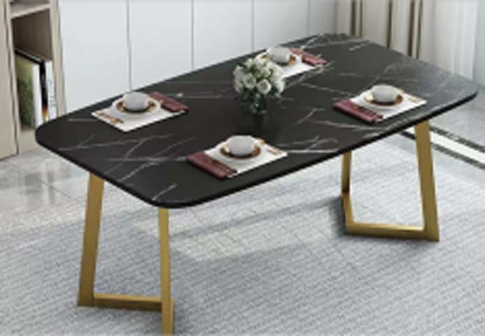 4-Seater Black Faux Marble Rectangular Dining Table with Gold Sled Legs