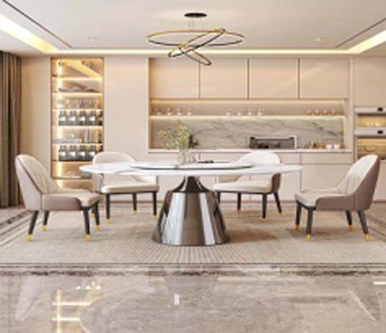 Modern Round Sintered Stone Dining Table with Central Lazy Susan and Polished Metal Conical Pedestal