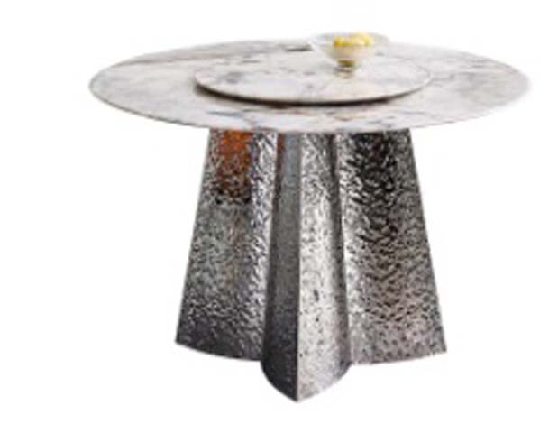 Round Marble-Veined Dining Table With Hammered Metal Petal Pedestal And Integrated Lazy Susan