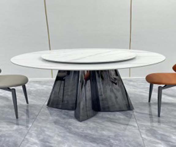 Modern Round White Veined Dining Table with Integrated Lazy Susan, Polished Dark Sculptural Pedestal Base