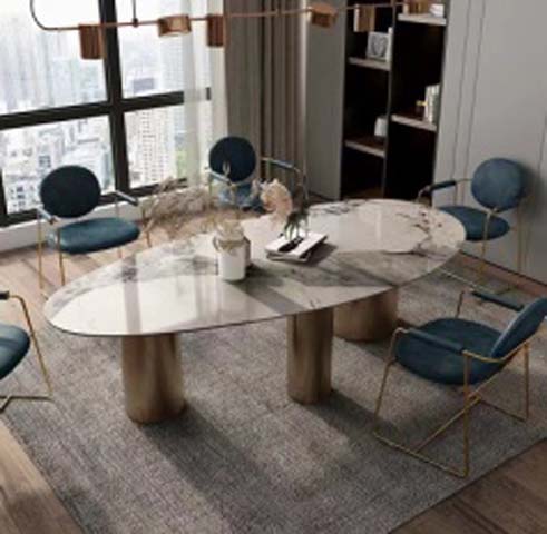 Luxury Irregular Oval Polished Marble Dining Table with Three Brushed Brass Cylindrical Pedestal Legs