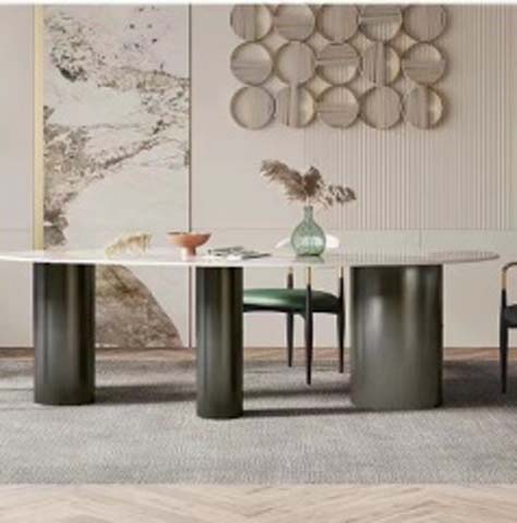 Contemporary Rectangular Light-Top Dining Table with Three Cylindrical Metal Pedestal Bases