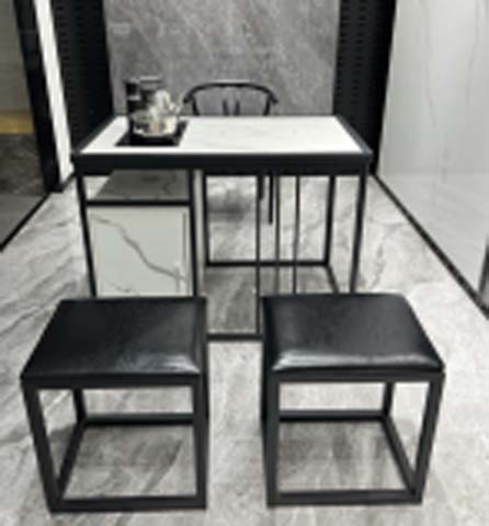 Compact Sintered Stone Tea Table Set with Nesting Upholstered Cube Stools and Side Storage Cabinet