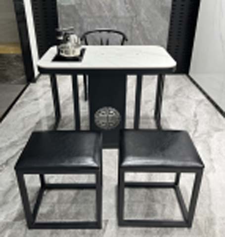 Modern New Chinese Sintered Stone Tea Ceremony Table Set with Two Upholstered Low Stools
