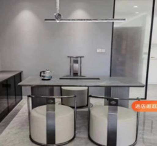 Modern Dark Sintered Stone Tea Tasting Table with Integrated Tea Boiler and Cylindrical Stools