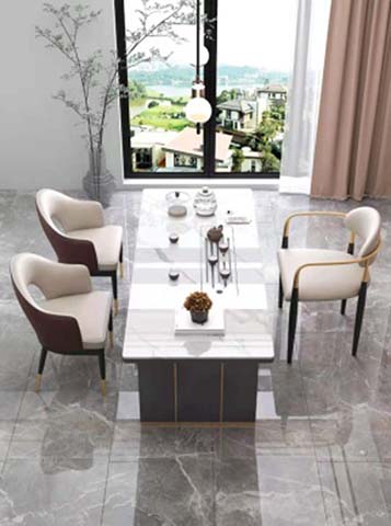 Contemporary Light Luxury Rectangular 6-Seater Dining Table with Veined White Tabletop and Dark Pedestal Base