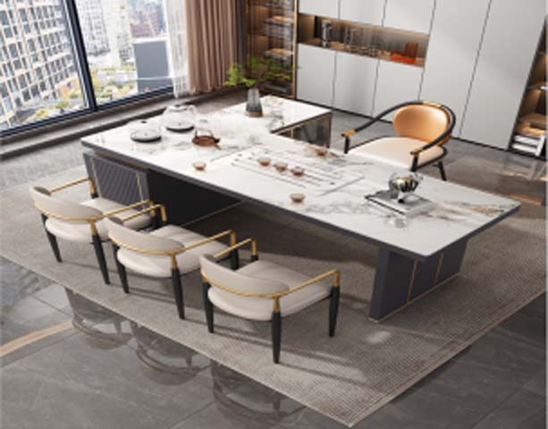 Light Luxury Rectangular Integrated Tea-Dining Table with Double Dark Pedestal Base