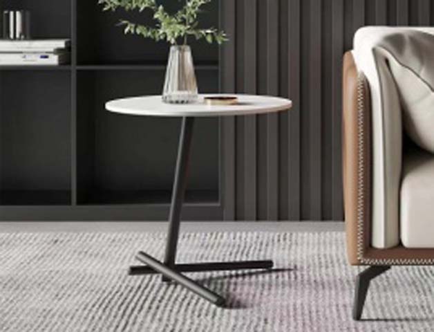 Minimalist Round White Top Side End Table with Angled Black Metal Three-Prong Base