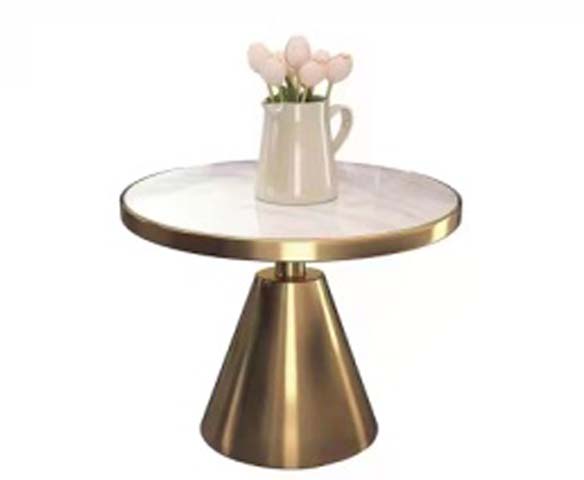 Round Marble-Look Accent Side Table with Brushed Gold Conical Pedestal Base