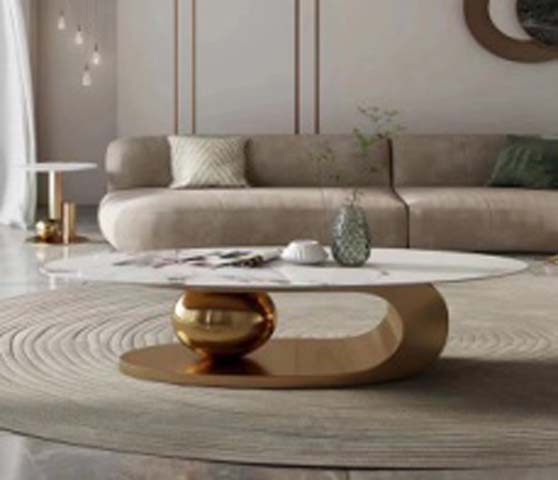 Modern Oval White Sintered Stone Coffee Table with Brushed Gold Sculptural Base
