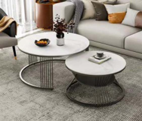 Nested Round Coffee Table Set, 2-Piece White Sintered Stone Top Dark Metal Frame