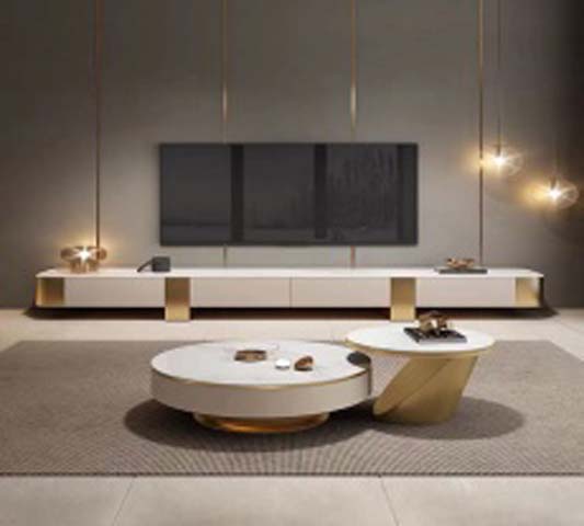 Modern Luxury White and Gold Flush-Drawer TV Media Console with Rounded Corners