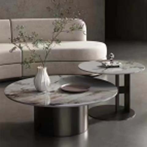 Two-Piece Round Nesting Coffee Table Set with Polished Veined Stone Top and Gunmetal Metal Bases