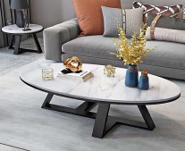 Modern Oval Sintered Stone Coffee Table with Black Metal Geometric Base