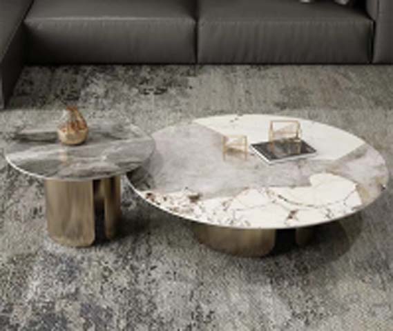 2-Piece Nesting Round Coffee Table Set with Marble-Pattern Sintered Stone Tops and Brushed Gold Cylindrical Pedestal Bases