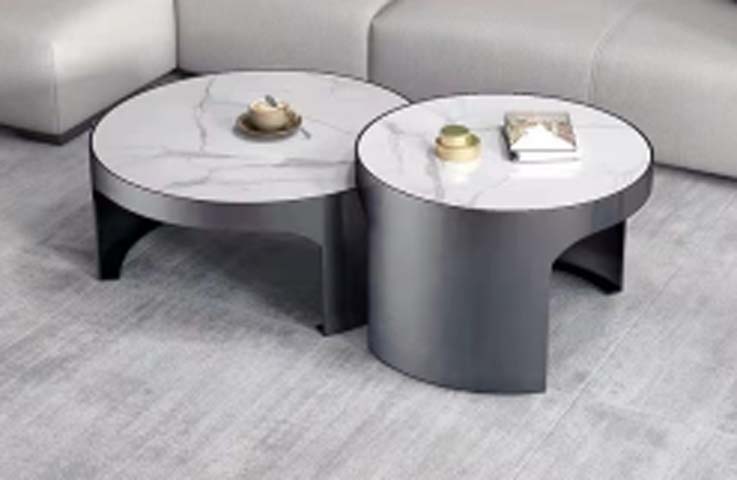2-Piece Round Nesting Coffee Table Set, White Marble-Veined Top with Dark Gunmetal Arched Pedestal Base