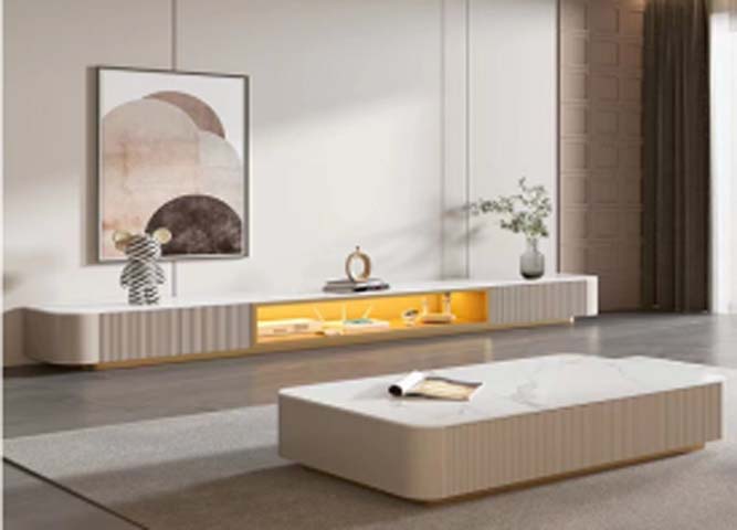Light Luxury Fluted TV Media Console with Central LED Open Niche, Faux Marble Top and Gold Base Trim