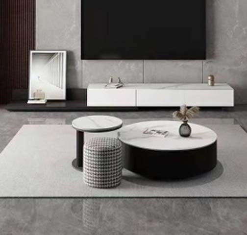 2-Piece Modern Round Nesting Coffee Table Set, White Stone-Effect Top with Black Base