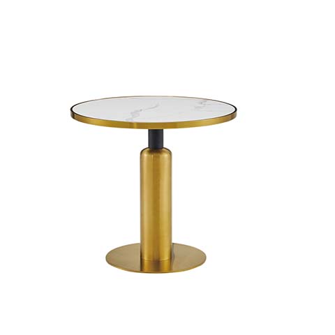 Modern Round White Veined Marble-Effect Top Brass Pedestal Accent Side Table