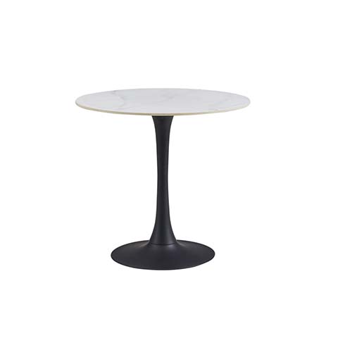 Modern Round Tulip Dining Table with White Veined Top and Matte Black Pedestal Base