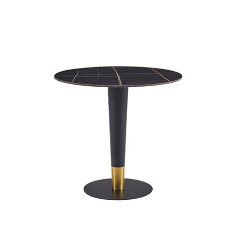 Round Pedestal Accent Side Table with Black Veined Top and Brass Accent
