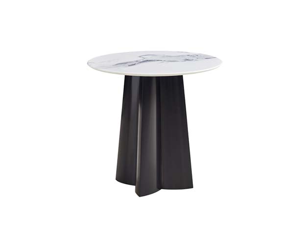 Round 4-Seater Dining Table with White Veined Top and Black Sculptural Pedestal Base