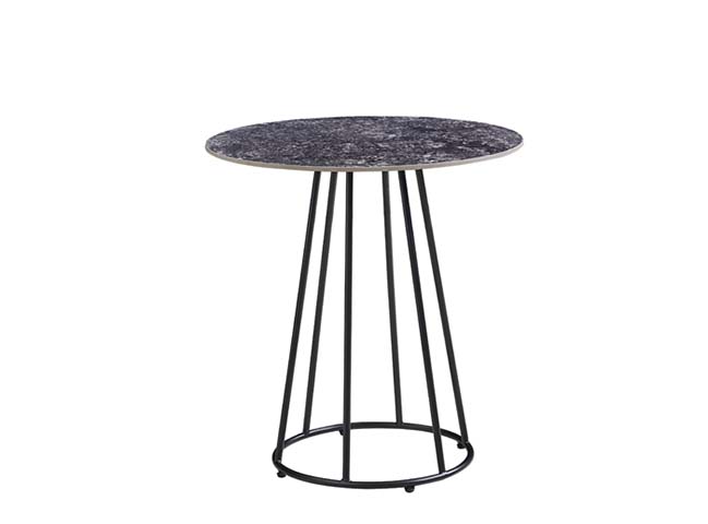 Round Dark Stone-Effect Side End Table with Black Tapered Metal Rod Base