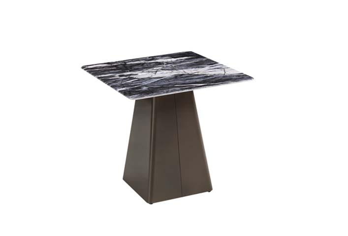 Square Black-and-White Veined Natural Marble Top Accent Side Table with Dark Bronze Faceted Tapered Pedestal Base