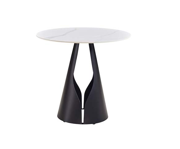Round White Marble-Effect Side End Table with Sculptural Black Split Tapered Pedestal Base
