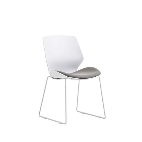 Armless Stackable Sled Base Side Chair with White Hard Back and Grey Upholstered Seat