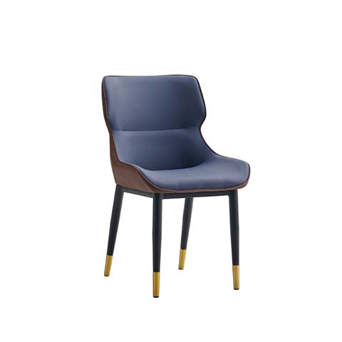 Modern Armless Upholstered Dining Chair with Walnut Shell, Navy Upholstery and Brass-Capped Black Legs