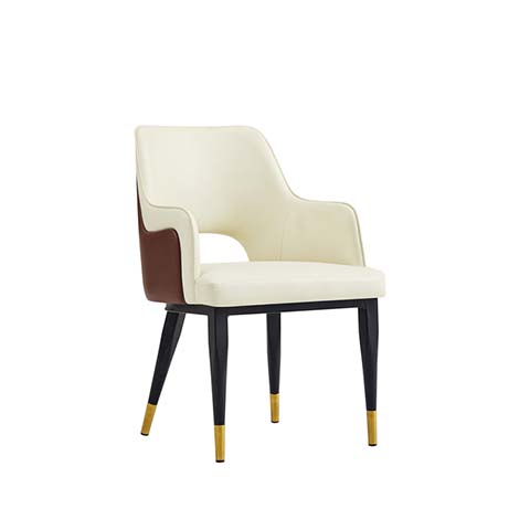 Two-Tone Cream and Dark Brown Upholstered Dining Armchair with Black Metal Legs and Gold Foot Caps