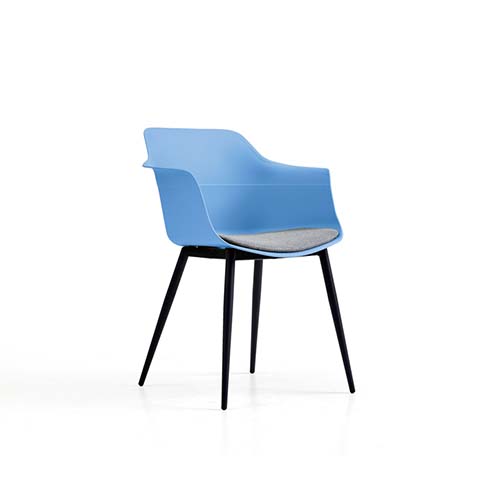 Modern Light Blue Molded Plastic Dining Armchair with Grey Fabric Cushion and Black Splayed Metal Legs