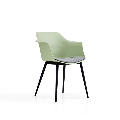 Sage Green Molded Shell Dining Armchair with Gray Fabric Seat Pad and Black Splayed Metal Legs