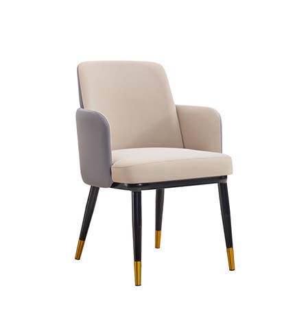 Two-Tone Upholstered Dining Armchair with Black Metal Legs and Brass Foot Caps